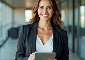 woman with a tablet in her hand smiling