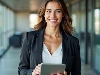 woman with a tablet in her hand smiling