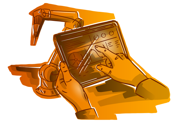 Orange illustrated robot operation projects with cademify