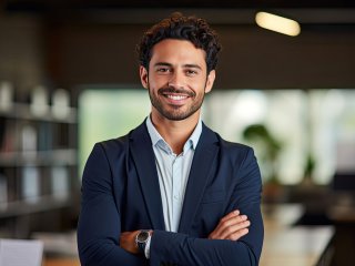 Mann mit braunen Locken und Hemd steht in einem Büro und lächelt 