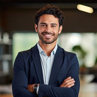Man with brown curls and shirt stands in an office and smiles