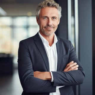 Man with gray curls and a suit stands at the window with his arms crossed and smiles
