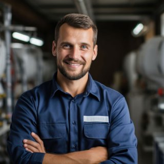 Man with a shirt stands in a boiler room and smiles