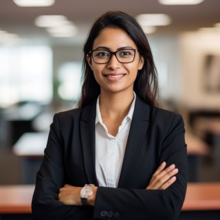 Woman with long black hair stands in an open-plan office and smiles