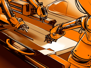 machine drawing in orange and black