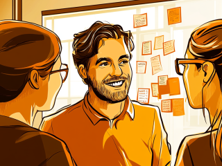 Three colleagues talk in front of a glass wall with Post-It notes
