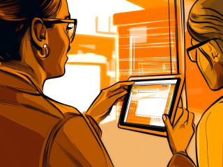 Two women look at a tablet and talk