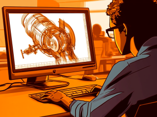 Drawing of an employee in the construction department on a laptop